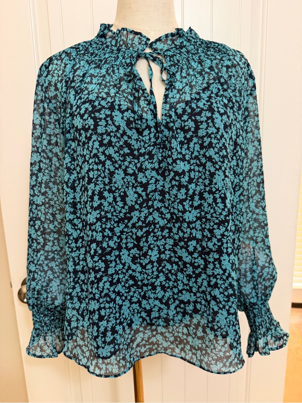 LOFT Teal & Floral Sheer Tie-Neck Blouse XL